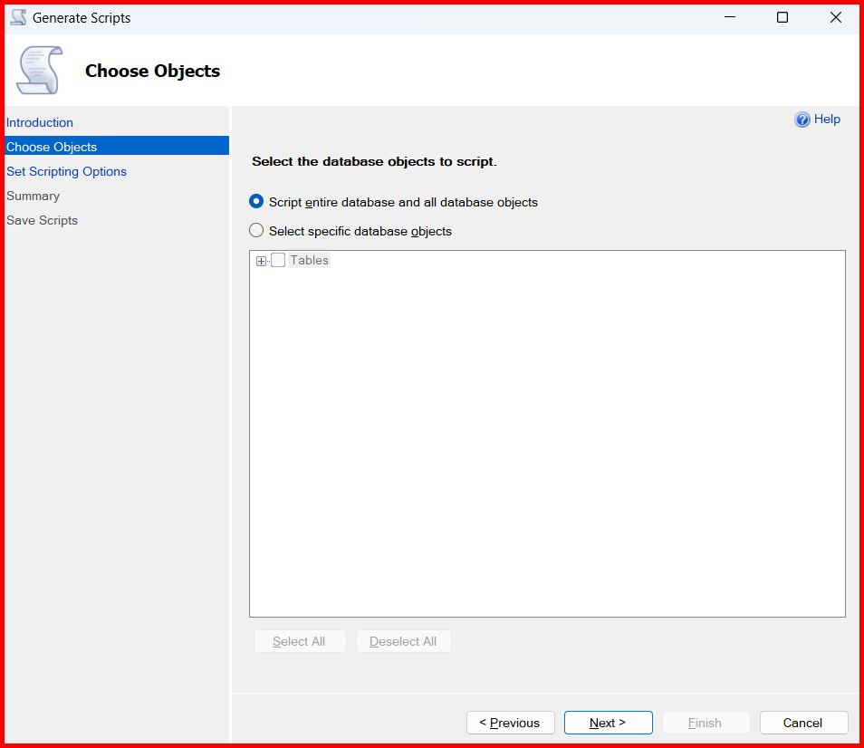 Picture showing the second screen of Generate and Publish Scripts wizard to select the object